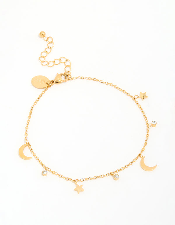 Waterproof Gold Plated Stainless Steel Cubic Zirconia Moon & Star Anklet