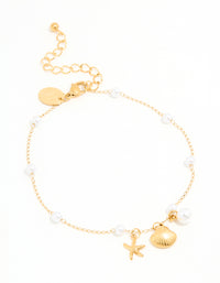 Waterproof Gold Plated Stainless Steel Pearl Star & Shell Charm Anklet - link has visual effect only