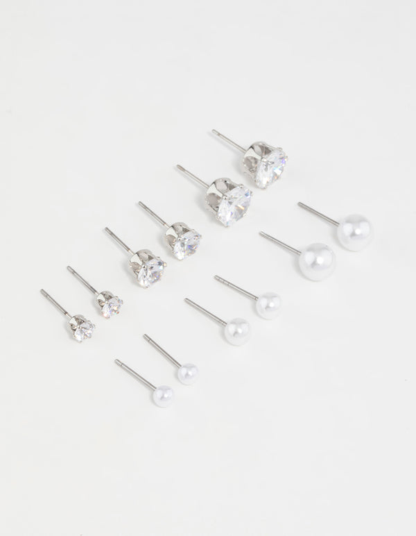 Silver Pearl & Cubic Zirconia Stud Earrings 6-Pack