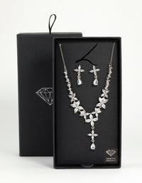 Silver Cubic Zirconia Flower Drop Earrings & Necklace Set - link has visual effect only