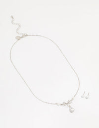 Silver Pearl Cubic Zirconia Drop Necklace & Earrings Set - link has visual effect only