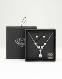 Silver Pearl Cubic Zirconia Drop Necklace & Earrings Set - link has visual effect only