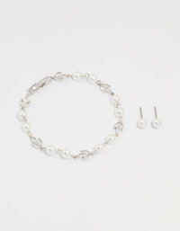 Silver Cubic Zirconia Pearl Leaf Bracelet & Earrings Set - link has visual effect only