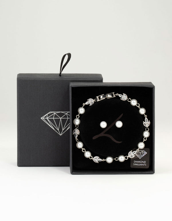 Silver Cubic Zirconia Pearl Leaf Bracelet & Earrings Set