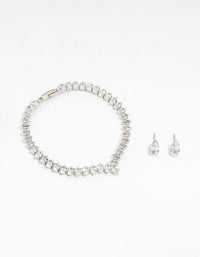 Silver Cubic Zirconia Marquise Tennis Bracelet & Earrings Set - link has visual effect only