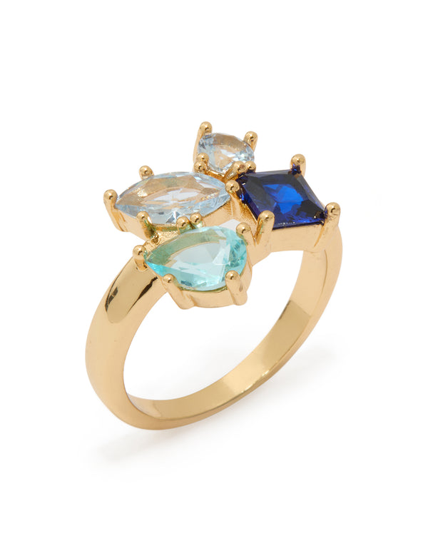 Gold Plated Light & Dark Blue Cubic Zirconia Cluster Ring