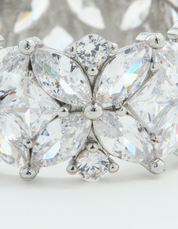 Silver Cubic Zirconia Floral Wide Band Ring