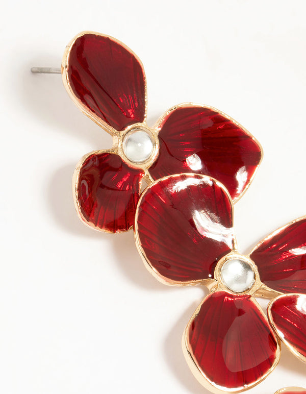 Gold Red Enamel Triple Flower Drop Earrings
