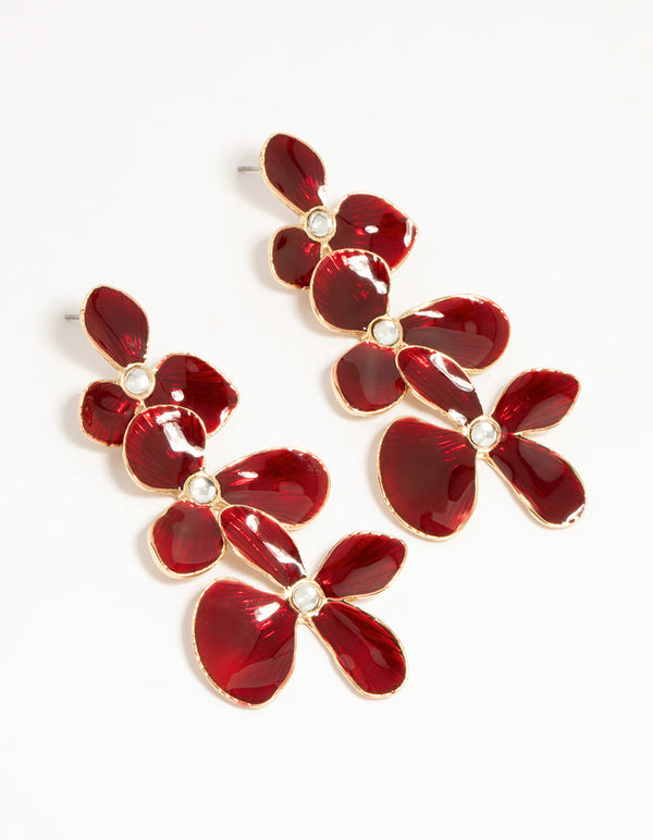 Gold Red Enamel Triple Flower Drop Earrings