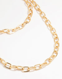 Gold Textured Link Layered Necklace - link has visual effect only