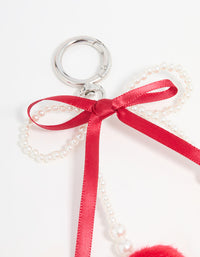 Pearl Beaded Bow & Red Pom Pom Keychain - link has visual effect only