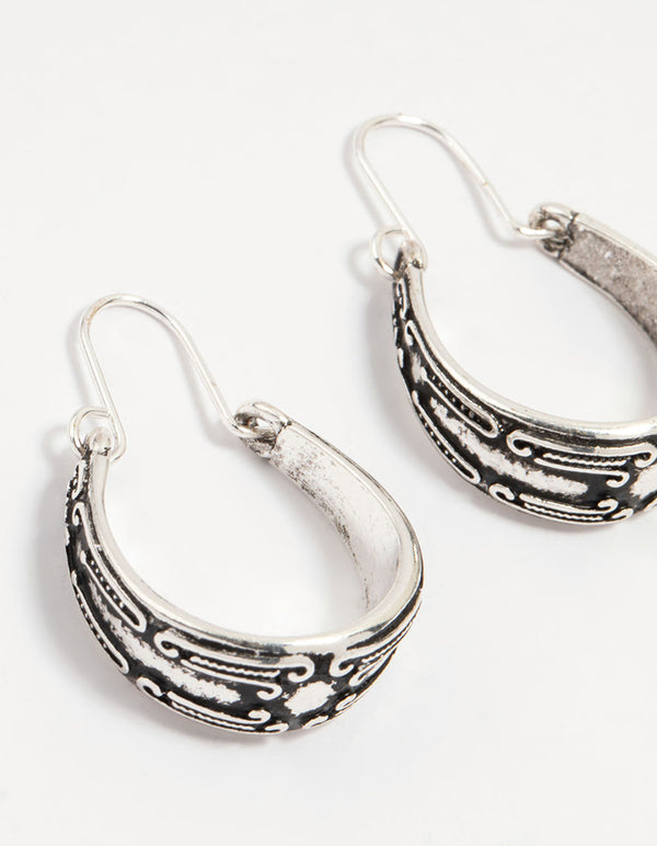 Antique Silver Engraved Medium Hoop Earrings 2-Pack