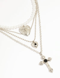 Silver Pearl Cross Layered Necklace - link has visual effect only