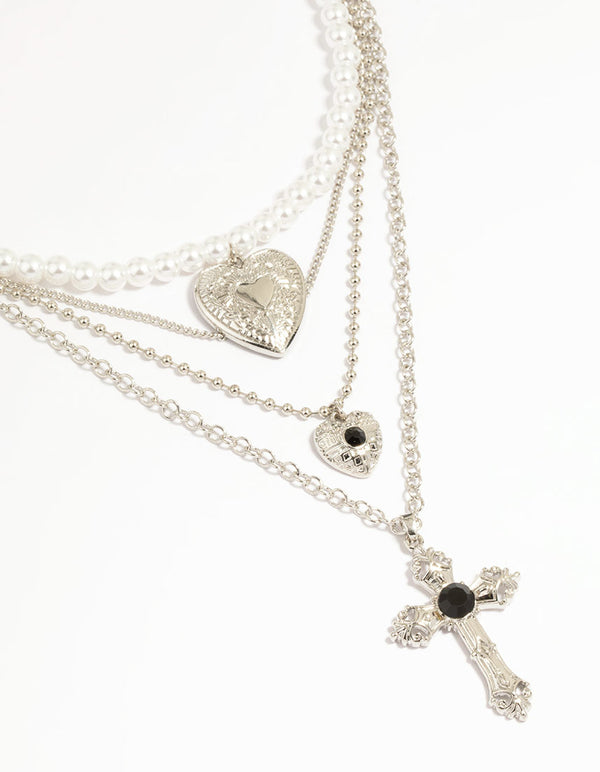 Silver Pearl Cross Layered Necklace