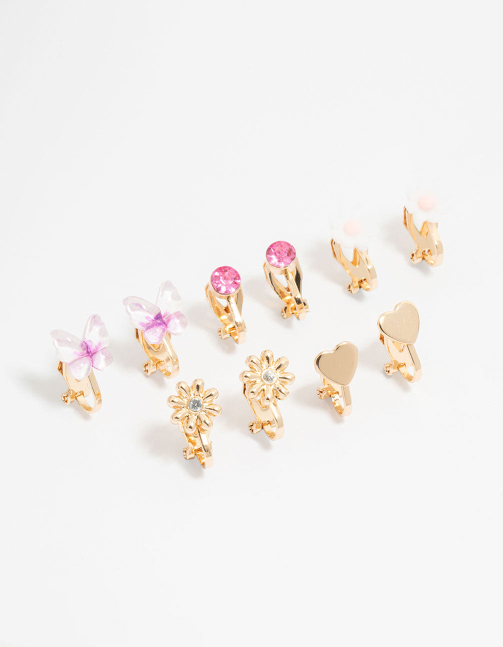 KIds Gold Pom Pom Flower & Butterfly Clip On Earrings 3-Pack