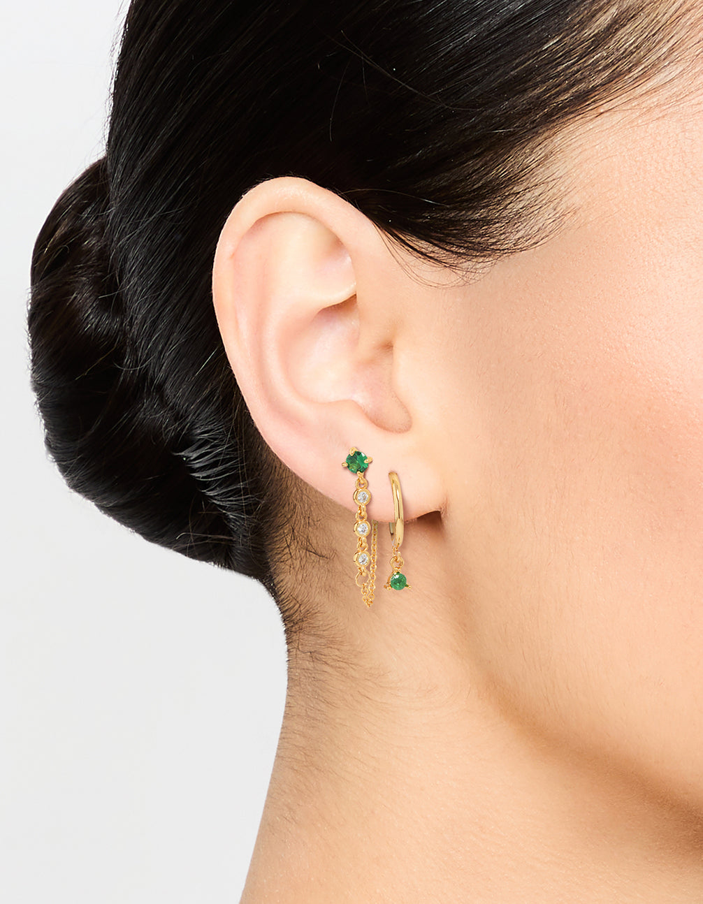Gold Plated Green Cubic Zirconia Stud & Chain Huggie Earrings 2-Pack
