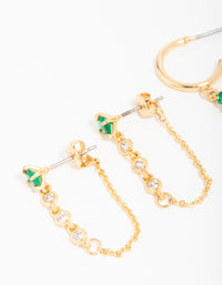 Gold Plated Green Cubic Zirconia Stud & Chain Huggie Earrings 2-Pack - link has visual effect only