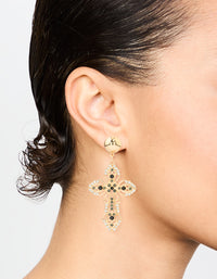 Gold Black Diamante Cross Drop Earrings - link has visual effect only