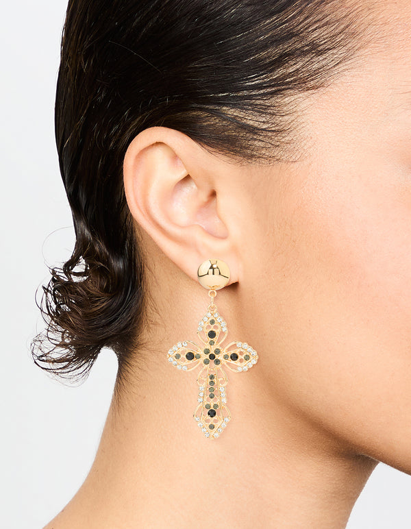 Gold Black Diamante Cross Drop Earrings
