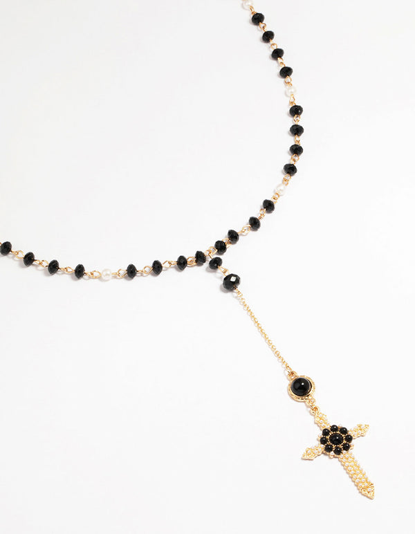 Gold & Black Beaded Cross Pendant Long Y-Necklace