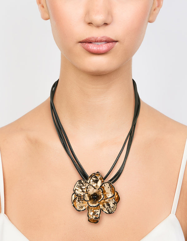 Gold Flower Fabric Black Cord Choker Necklace