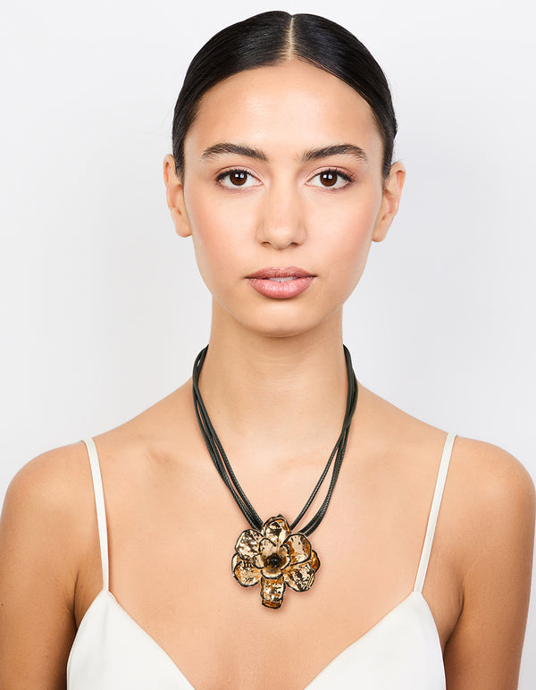 Gold Flower Fabric Black Cord Choker Necklace