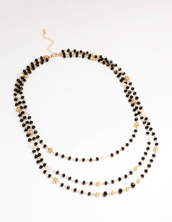 Gold Pearl Black Beaded Layered Necklace