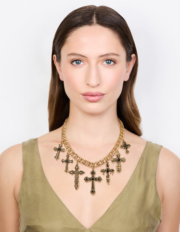 Antique Gold Black Metallic Cross Charm Necklace