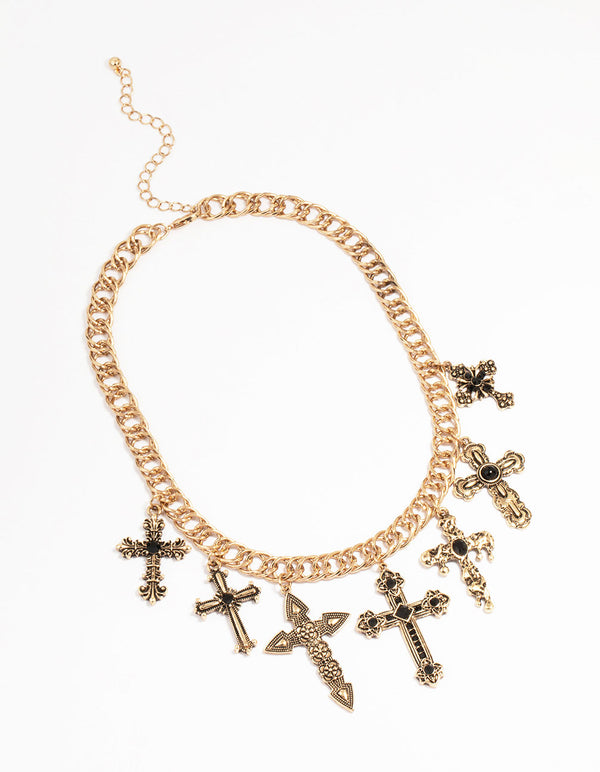 Antique Gold Black Metallic Cross Charm Necklace