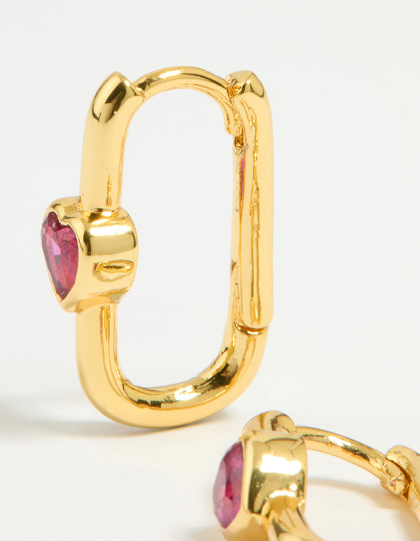 Gold Plated Pink Cubic Zirconia Heart Square Hoop Earrings