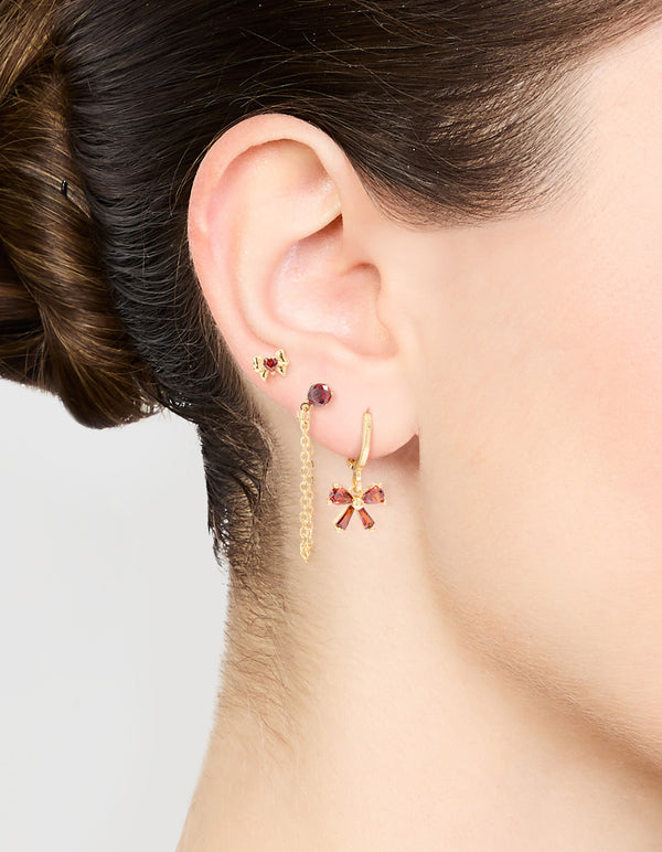 Gold Red Cubic Zirconia Bow Huggie Earrings 3-Pack
