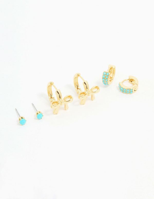 Gold Turquoise Bead & Bow Earrings 3-Pack