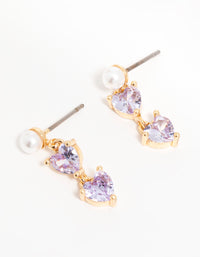Gold Purple Cubic Zirconia Pearl Dainty Heart Drop Earrings - link has visual effect only