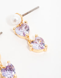 Gold Purple Cubic Zirconia Pearl Dainty Heart Drop Earrings - link has visual effect only