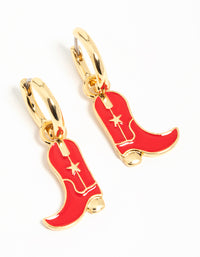 Gold Red Enamel Cowboy Boot Drop Earrings - link has visual effect only
