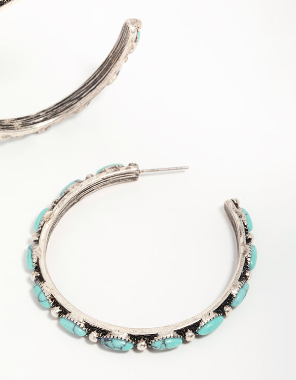 Antique Silver Turquoise Large Hoop Earrings