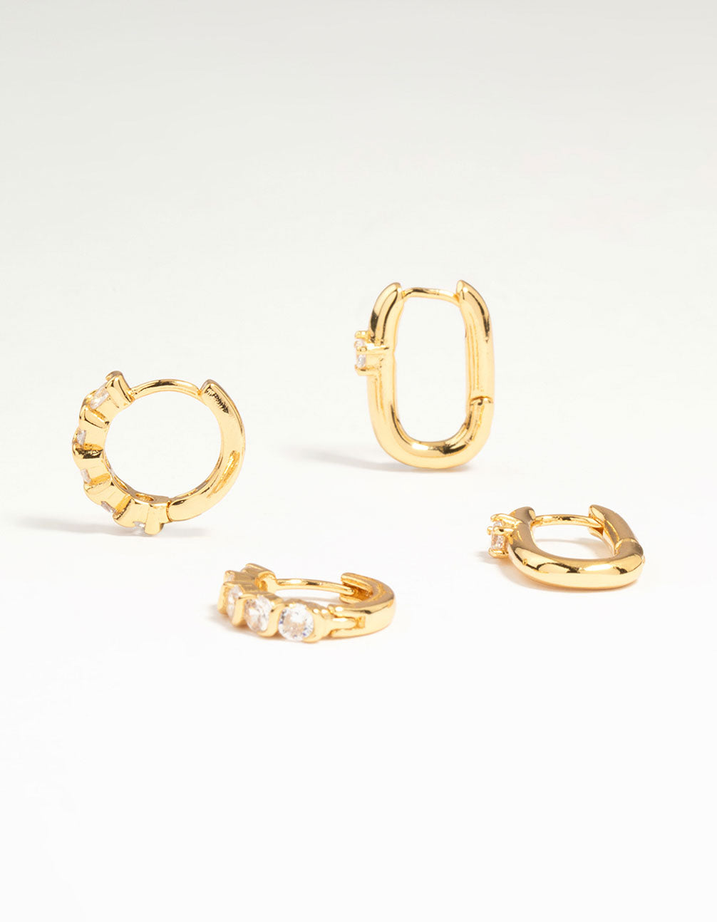 Gold Plated Brass Cubic Zirconia & Oval Huggie Earrings 2-Pack