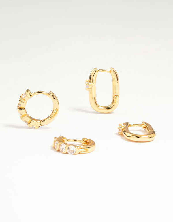 Gold Plated Brass Cubic Zirconia & Oval Huggie Earrings 2-Pack