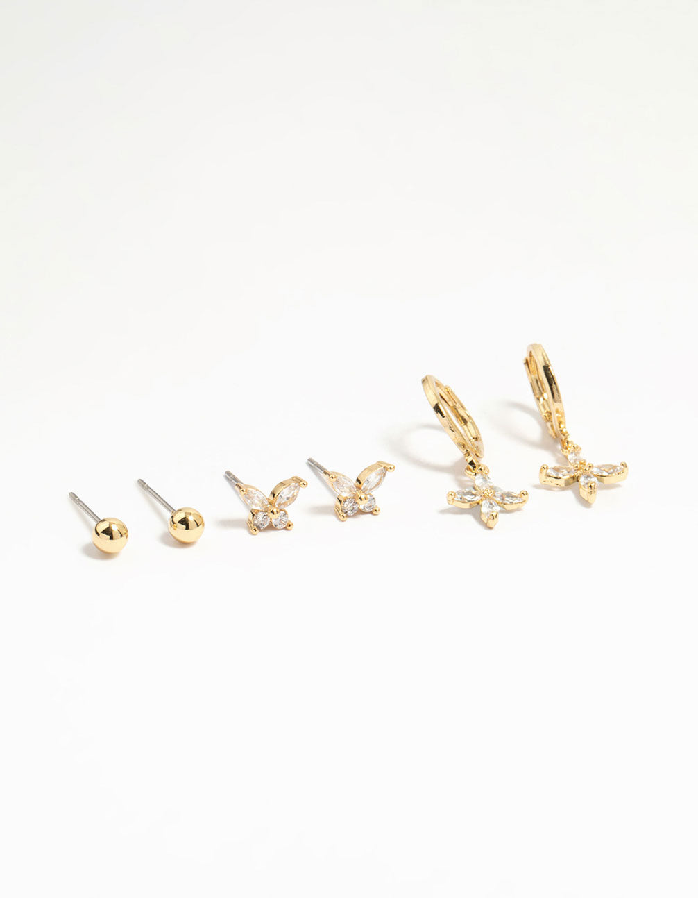 Gold Plated Brass Cubic Zirconia Butterfly & Flower Earrings 4-Pack