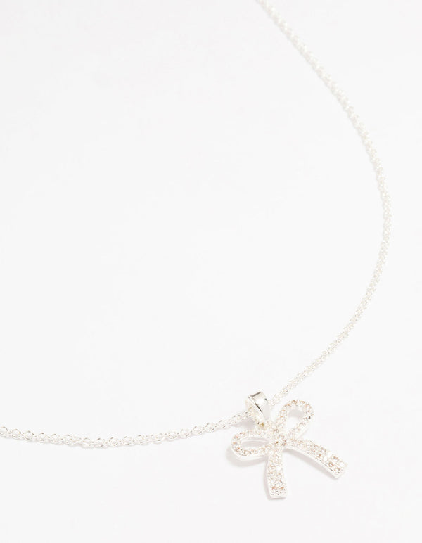 Silver Plated Brass Cubic Zirconia Pavé Bow Pendant Necklace