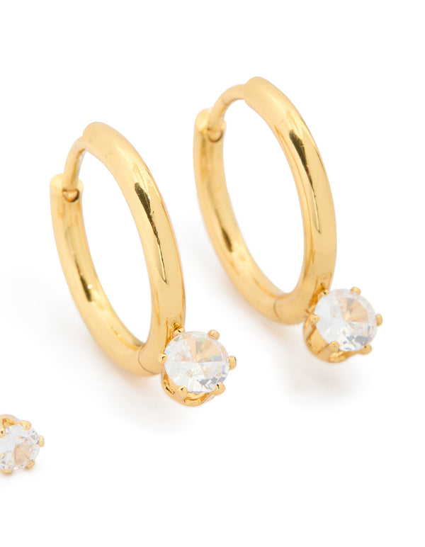 Waterproof Gold Plated Stainless Steel Mini Cubic Zirconia Earrings 2-Pack