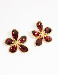 Gold Red Stone Flower Large Stud Earrings - link has visual effect only