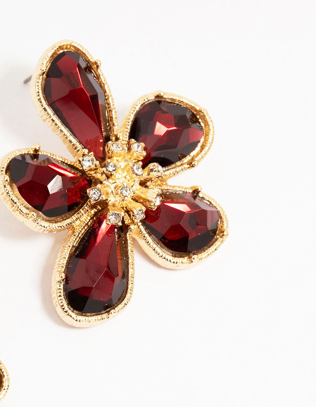Gold Red Stone Flower Large Stud Earrings