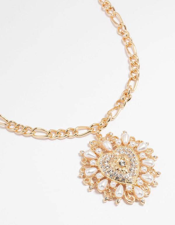 Gold Pearl Heart Pendant Necklace