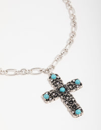 Antique Silver Turquoise Stone Cross Pendant Necklace - link has visual effect only