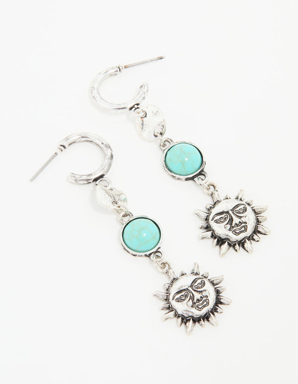 Antique Silver Turquoise Stone & Sun Drop Earrings