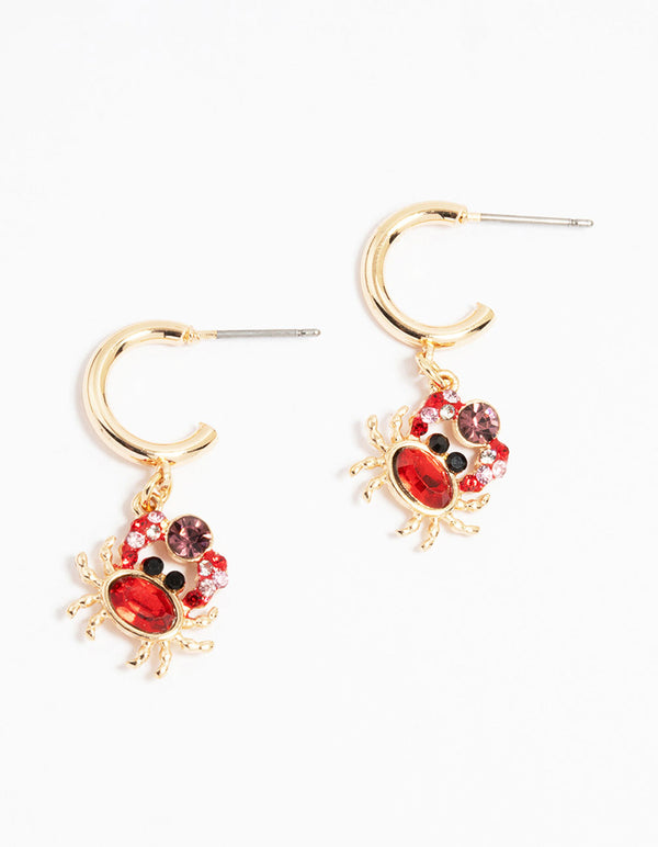 Gold Diamante Mini Crab Drop Earrings