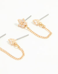 Gold Cubic Zirconia Chain & Flower Huggie Earrings 2-Pack - link has visual effect only