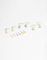 Gold Starfish & Shell Mixed Earrings 6-Pack - link has visual effect only