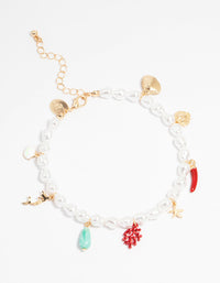 Gold Beaded Pearl Sea Charm Anklet - link has visual effect only